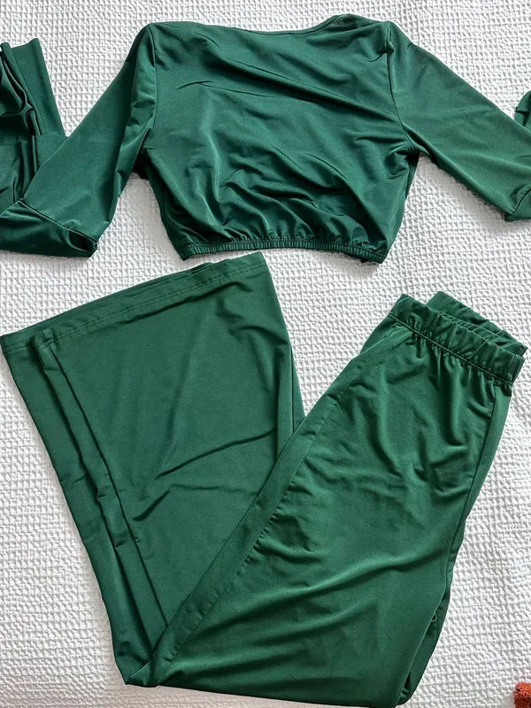 Emerald tie front crop top and flared leg pants set Green Size M - Image 3