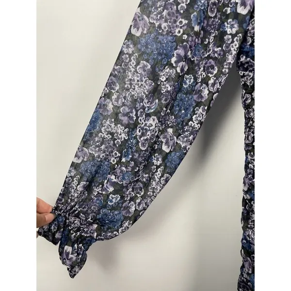 Vici Blue Purple Black Floral Ruched Long Sleeve Chiffon Mini Dress Size L‎ - Image 2