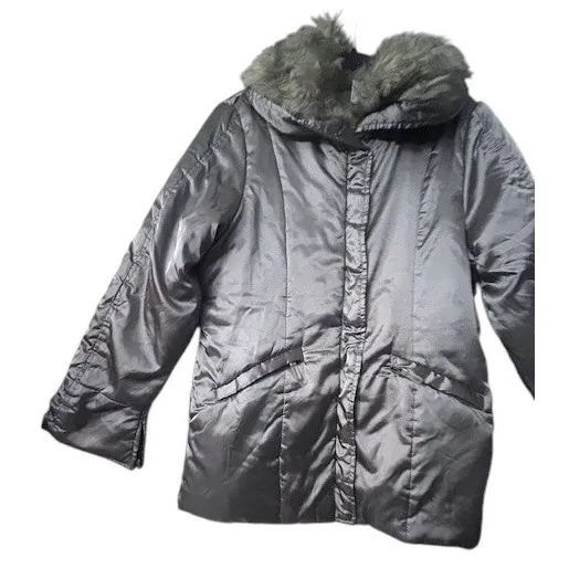 Womens Silver‎ Puffer Jacket Coat Faux Fur Trim Hooded Winter Cabincore Large - Image 12