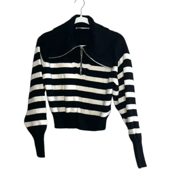ZARA Striped Half Zip Cropped Sweater Black Cream Size L Knit - Image 2