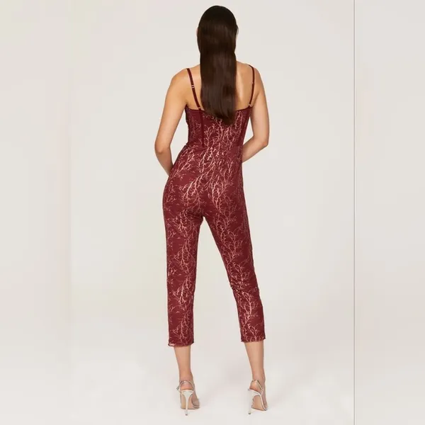 Rtr sz0 Katie May Venus Jumpsuit red wine lace gold shimmer metallic skinny 1 PC - Image 3