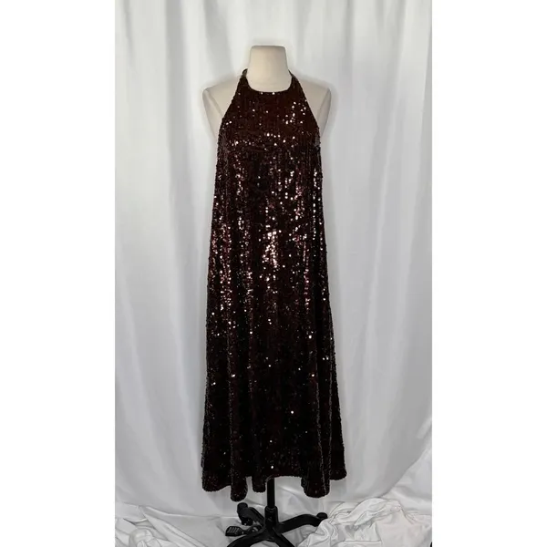 ZARA Chocolate Brown Sequin Halter Maxi Dress‎ Festive Party Sequinned Small - Image 3