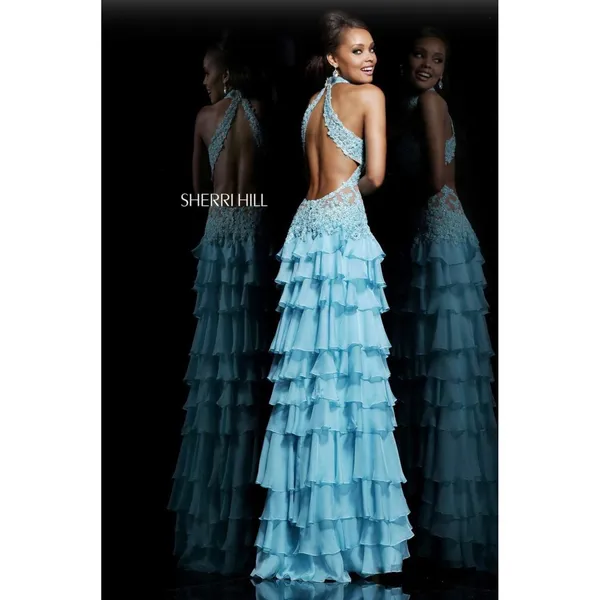 Sherri Hill 11052 Aqua Lace Tiered Ruffle Gown – NWT – Size 4 – $498 Retail - Image 2