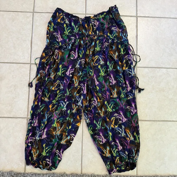 Anthropologie Tiered Balloon Pants Sheer Colorful Crane Drawstring Boho Small - Image 6