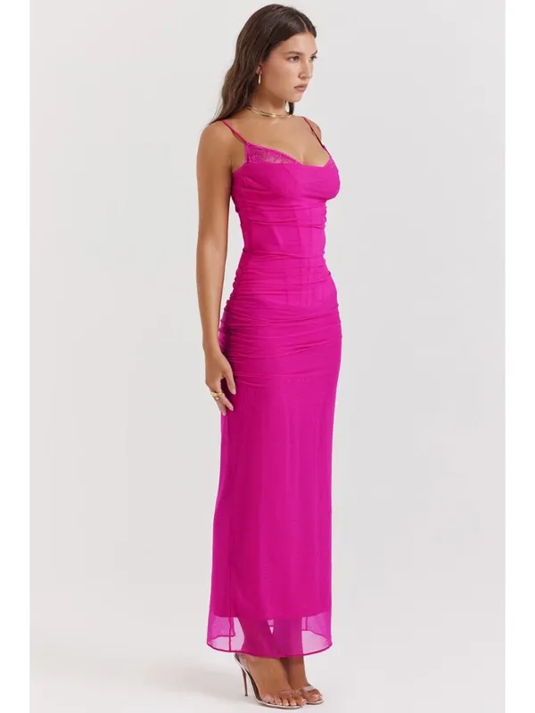 House of CB Nalini Fuchsia Mesh Maxi Dress Ruched Corset M - Image 8