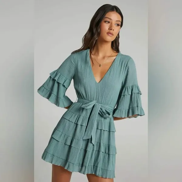 Showpo‎ Green Cotton Tiered Ruffle Mini Dress Belted V-Neck Bell Sleeve Plus 16 - Image 2