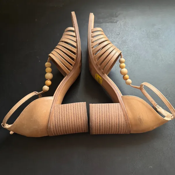 Lucky Brand Womens Chunky Leather Brown Beaded Block Heel Sandals sz 7.5 Strappy - Image 3