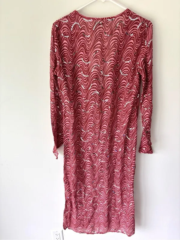Zara Pink Sequins Beaded Swirl Printed Midi Dress Sheer Deep V Neck Tie Front - Image 11