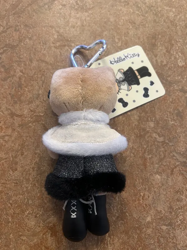 Sanrio Hello Kitty Black Glitter Dress Keychain with White Faux Fur - Image 2
