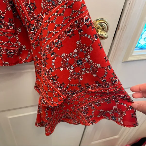 Altar'd State Red and Blue Bell‎ Sleeve Crop Blouse - Image 3