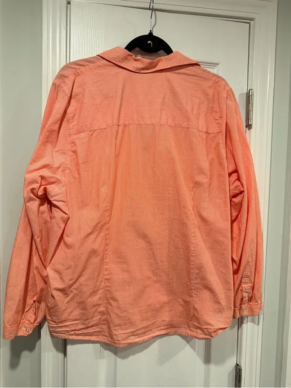 L.L. Bean Size 1X Pink Stripe Ruffle Front Lightweight Cotton Button Down Shirt - Image 4
