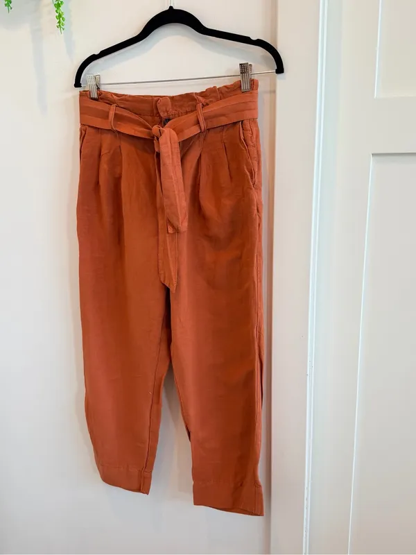 Madewell Cropped Linen Blend Paperbag Waist Pants - Rust Orange Size 2 - Image 2