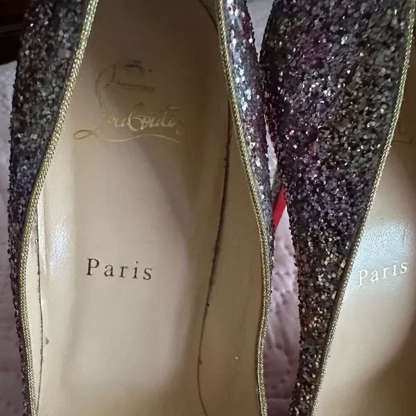 Christian Louboutin Glitter Pointed Pumps with Gold Trim - Image 2