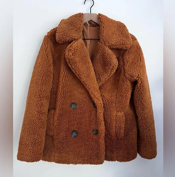 Free People Sherpa Teddy Pea Coat Oversized Burnt Orange Brown Jacket Cozy XS - Image 3