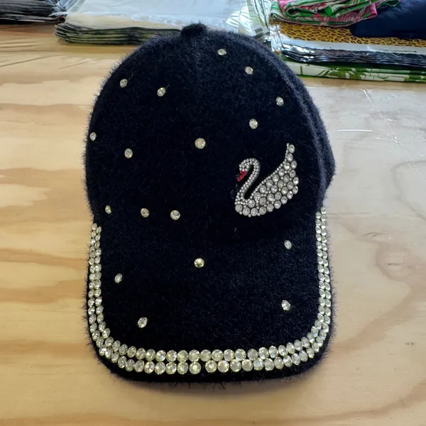 Boutique Black Fuzzy Rhinestone Swan Baseball Cap Adjustable Crystal Bling Hat - Image 2