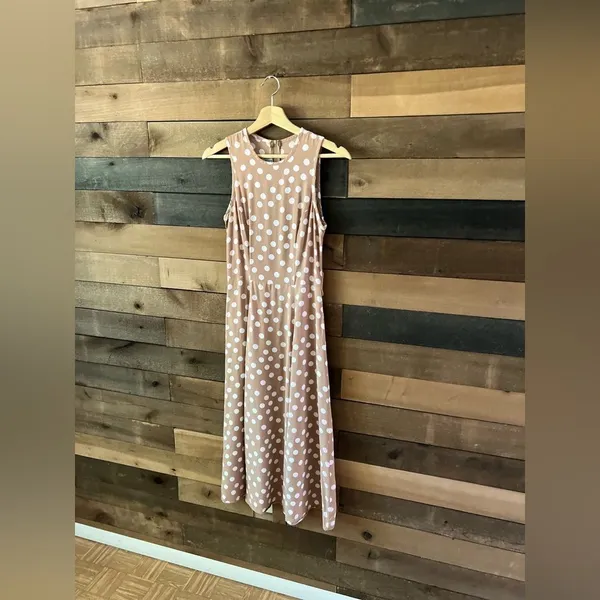 Vintage Paris Sport Club Sleeveless Tan Polka Dot Maxi Dress Made in USA Rayon - Image 2