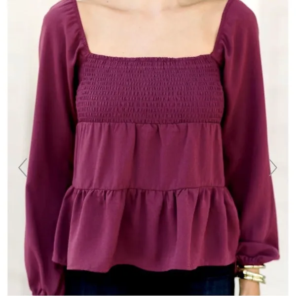 Paper Crane Top Berry Purple Smocked Baby Doll Long Sleeve Blouse Top Medium NEW - Image 10