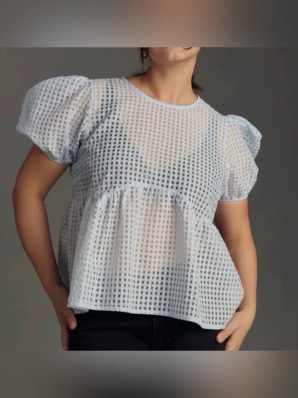 Maeve Anthropologie Babydoll Sheer Light Blue Puff-Sleeve Peplum Top - Image 2