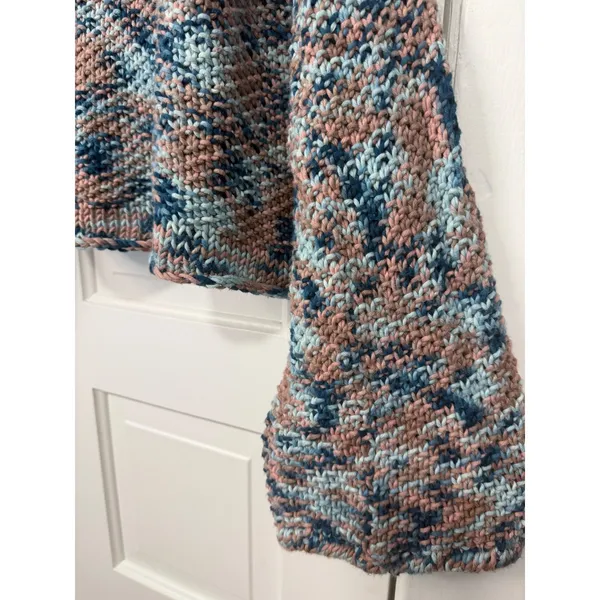 Handmade Chunky Knit Boat Neck Sweater Blue Pink Marled Bell Sleeve Pullover - Image 2