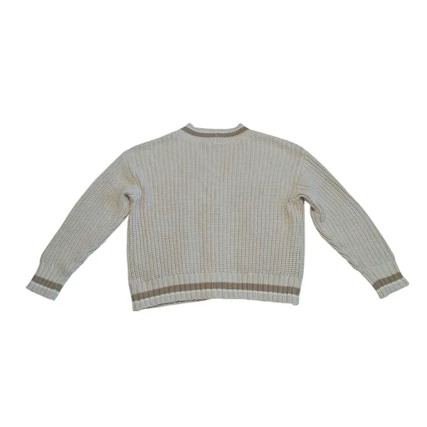American Eagle AE Tipped Button-Up Cardigan Sweater Chunky Knit Cream Preppy Tan - Image 2
