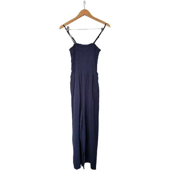 Dex Smocked Jumpsuit Size Medium Navy Linen Blend Adjustable Straps NEW Blue - Image 3