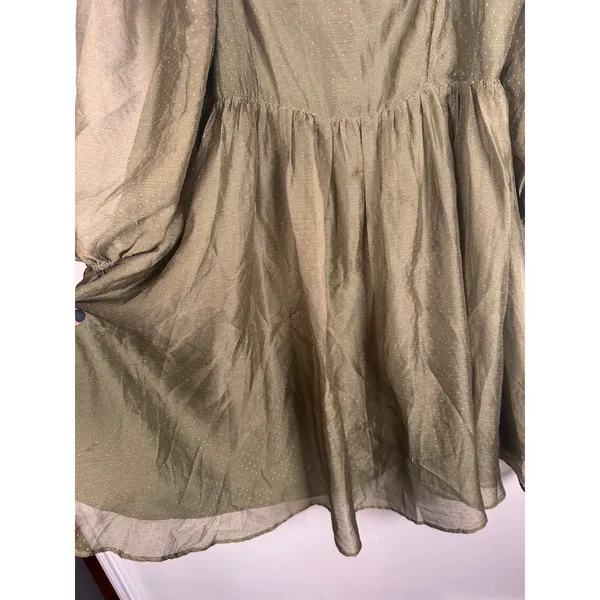 Storia Babydoll Dress Women L Olive Green Clip Dot Puff Sleeve fairy JD2443AD - Image 3