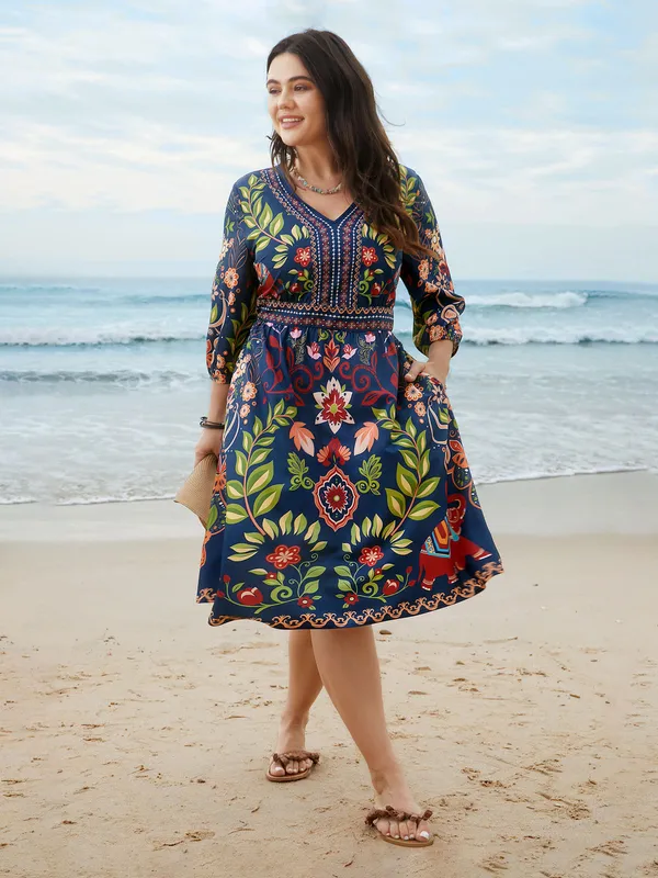 BloomChic Blue Floral Boho Dress V-Neck 3/4 Sleeve Midi Size 10 - Image 3