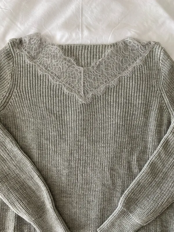 SheIn Grey Ribbed Sweater With Lace Neckline Detail - Image 2