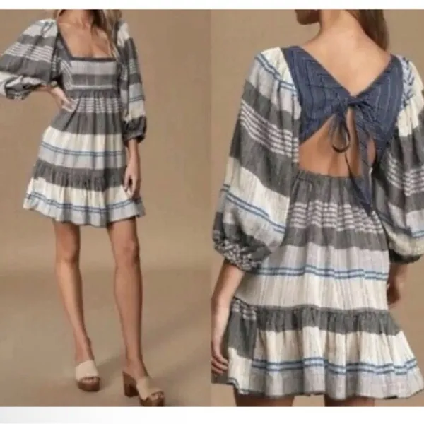 Free People All Lined Up Blue Multi Striped Puff Sleeve Mini Dress - Image 2