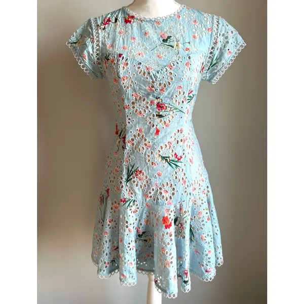 Aijek Revolve Eyelet Blue Floral Peplum Preppy Mini Skater Dress Size Small - Image 2