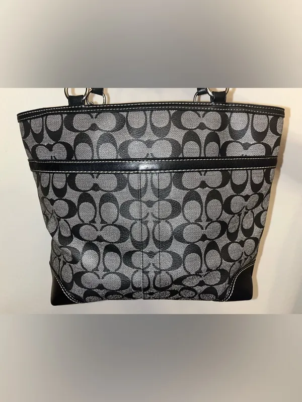 Coach Signature Stripe Tote Black Gray Canvas Leather Shoulder Bag - Image 2