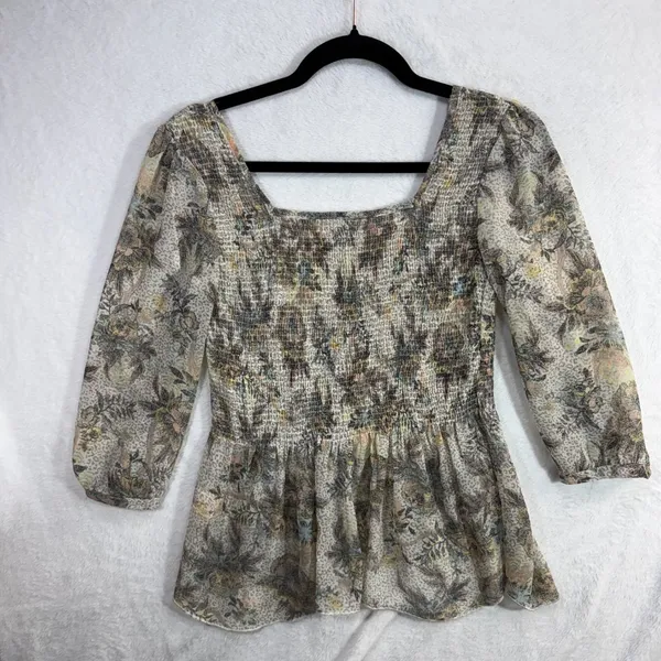 Free People XS Smocked Floral Sheer Peasant Ever After Top Boho Romantic Cottage - Image 4