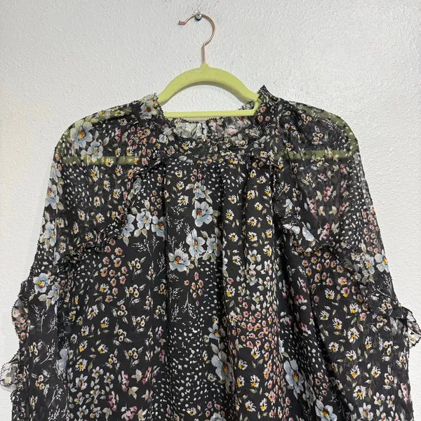 LOFT Black Floral Sheer Ruffle Sleeve Mock Neck Blouse Sz M - Image 3