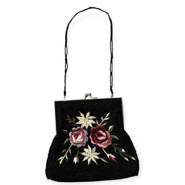 Y2K Style Black Beaded Floral Embroidered Kiss Lock Evening Bag Clutch Purse - Image 2