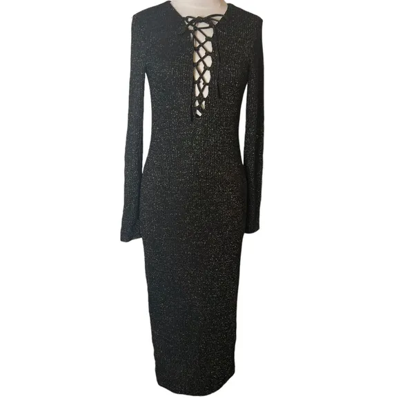 Bardot Romeo Lace Up Dress in Black and Gold midi‎ sz 8 - Image 3