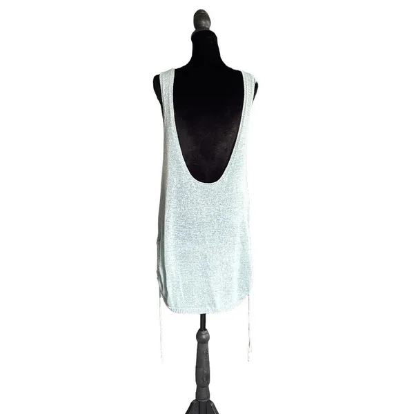 Knit Beach Cover Up Mini Dress Ruched Side Drawstring Scoop Back Light Blue - Image 3