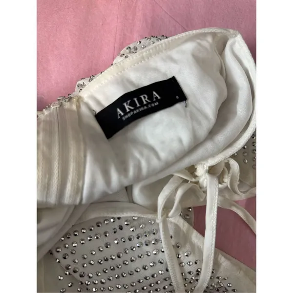 AKIRA White Rhinestone Studded Mini Dress Womens Size Small S Lace Up Open Back - Image 7