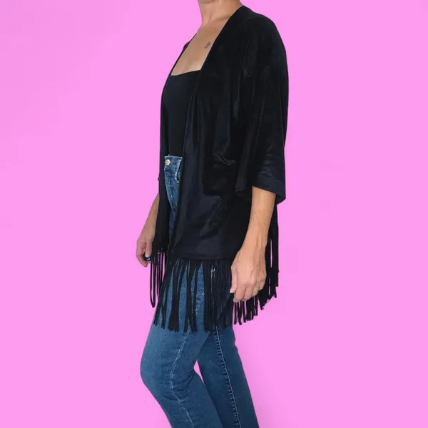 Express Faux Suede Bohemian Festival Fringe Open Cardigan - Image 5