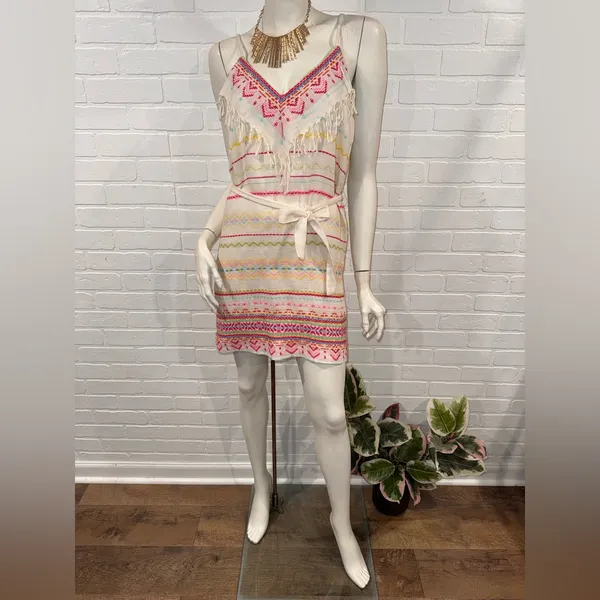 Amanda Uprichard White Fringe Knit Dress with Pink & Multicolor Embroidery - Image 2