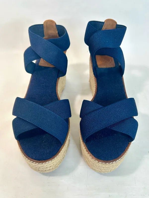 Tory Burch Frieda Espadrille Wedge Sandals in Navy Blue and Tan size 9 - Image 3