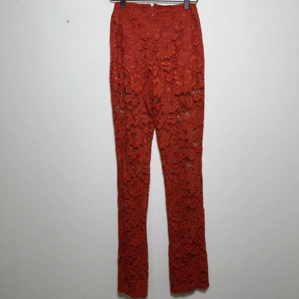 Bebe Women Embroidered Pants 2 Rust Orange‎ Floral Lace High Rise Flare Leg - Image 7