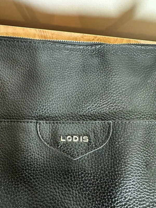 Lodis Black Pebbled Leather Tote Bag Shoulder Purse Floral Lining Work Travel - Image 4