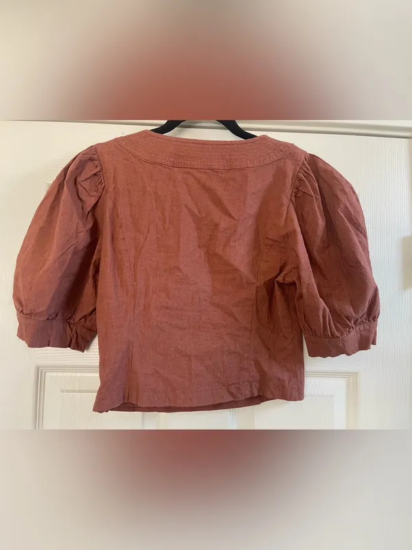 NWT Anthropologie Scoop Neck Puff Sleeve Linen Blend Cropped Blouse Top Size S - Image 11