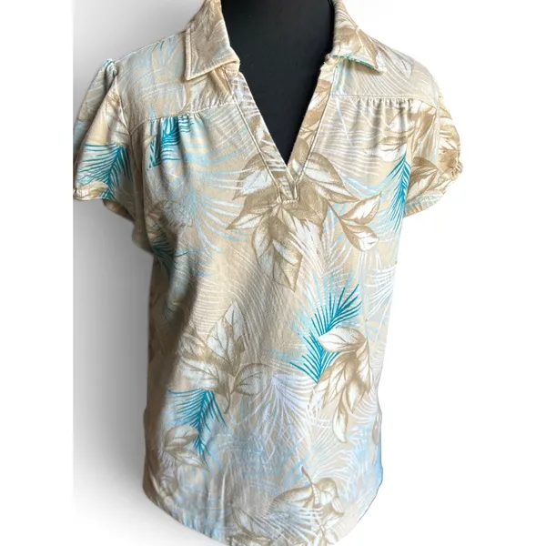 Caribbean Joe Petite Medium Tropical Palm Print Blouse V-Neck Cap Sleeve Tan - Image 7