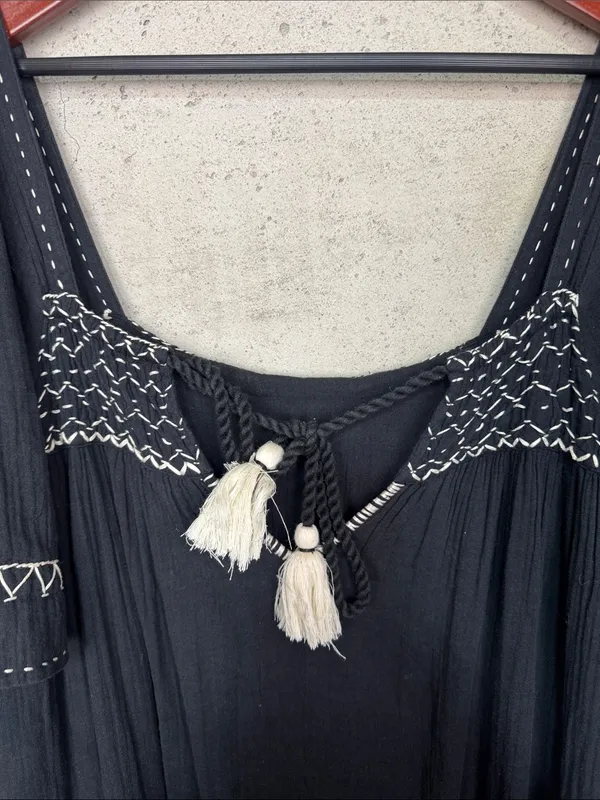 Free People Maxi Dress I'm The One Smocked Easy Fit Ruffle Black sz L - Image 6
