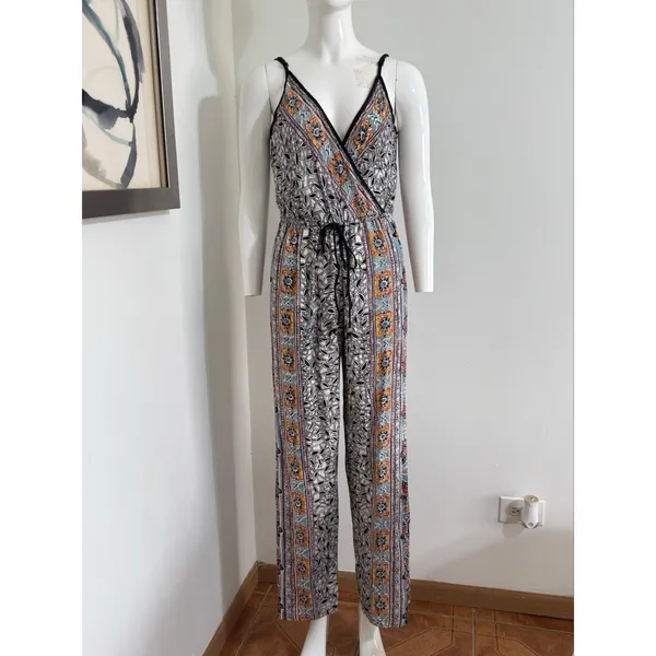 Angie Women’s Boho Wide Leg Jumpsuit Black Orange Spaghetti Strap Festival M - Image 2
