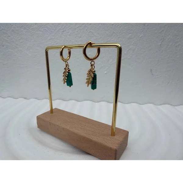 Turquoise Stone Leaf Charm Hoop Earrings Gold Tone Stainless Steel Boho - Image 4