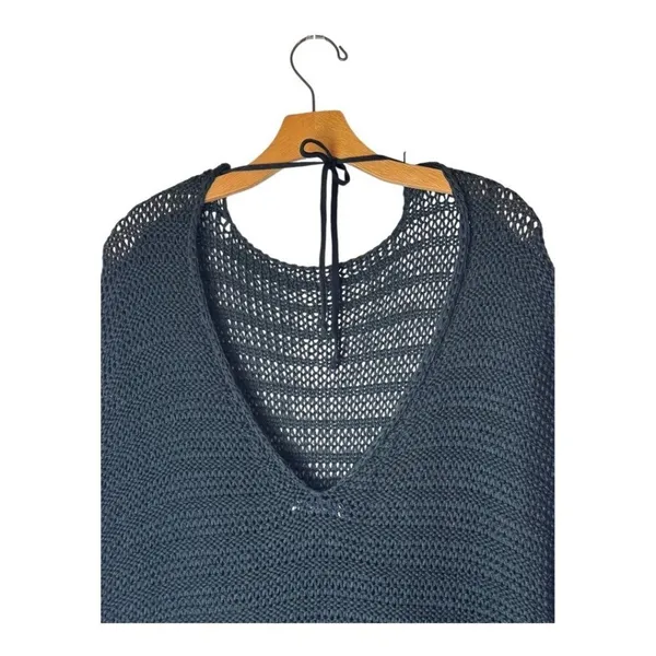 Zara Sweater Women Small Black Open Knit V Back Fringe Sides Short‎ Sleeve Tunic - Image 4