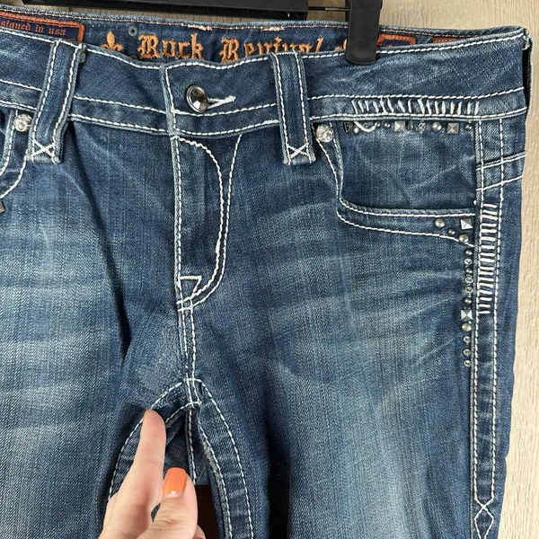 Rock Revival Jen Boot Cut Jeans Womens 31 Stretch Denim Blue Studded Flap Pocket - Image 5