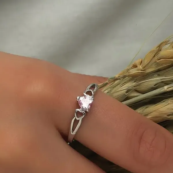 LOVE Heart-shaped Pink and White Silver Ring Size 7 - Image 2